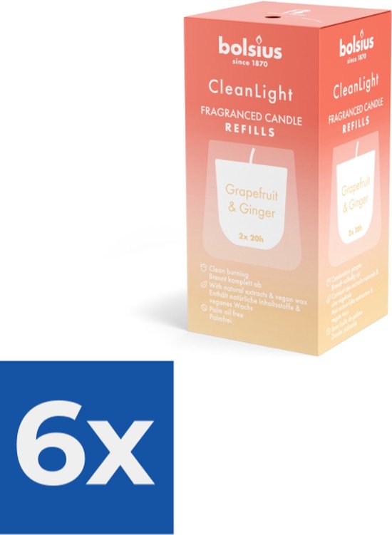 Bolsius Clean Light Fragranced Refills Grapefruit & Ginger 2ST - Voordeelverpakking 6 stuks