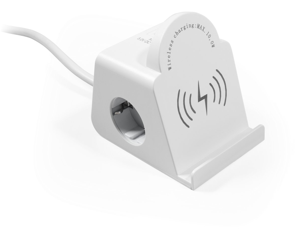 McPower PowerCube Stekkerdoos - Verdeeldoos met 2 stopcontacten - Stekkerblok Qi-oplader - 3 USB A - Verdeelstekker met 1.4 meter kabel - Wit