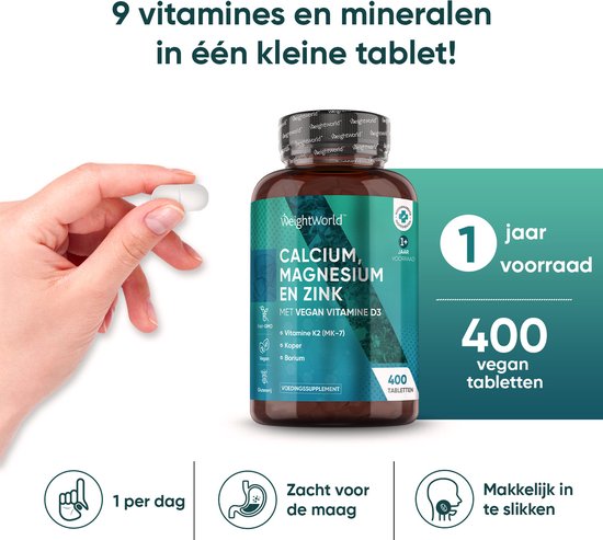 WeightWorld Calcium, Magnesium en Zink met vitamine D3 - 400 vegan tabletten voor meer dan 1 jaar voorraad - Weight World