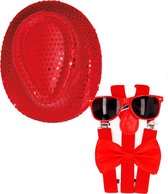 Carnaval verkleed set compleet - glitter hoedje/bretels/party bril/strikje - rood - heren/dames - verkleedkleding