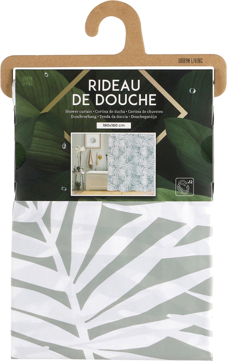Urban Living Douchegordijn met ringen - wit/grijs - Jungle print - PVC - 180 x 180 cm - wasbaar