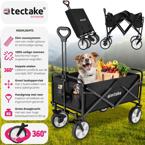 tectake® Opvouwbare handkar - Opvouwbare transportwagen - Met draagtas - Handkar om te trekken - Brede rubberen banden - Opvouwbare wagen voor transport - Voor naar het strand - Draagvermogen tot 80kg - Zwart van TecTake — afbeelding 2