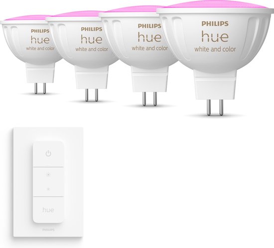 Philips Hue Uitbreidingspakket White and Color Ambiance GU5.3 - 4 Hue Lampen en Wall Switch - Eenvoudige Installatie - Werkt met Alexa en Google Home