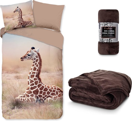 Dekbedovertrek Giraffe- bruin- Afrika- 140x200/220- Katoen- incl. groot warm donkerbruin fleece deken- 150x200cm!