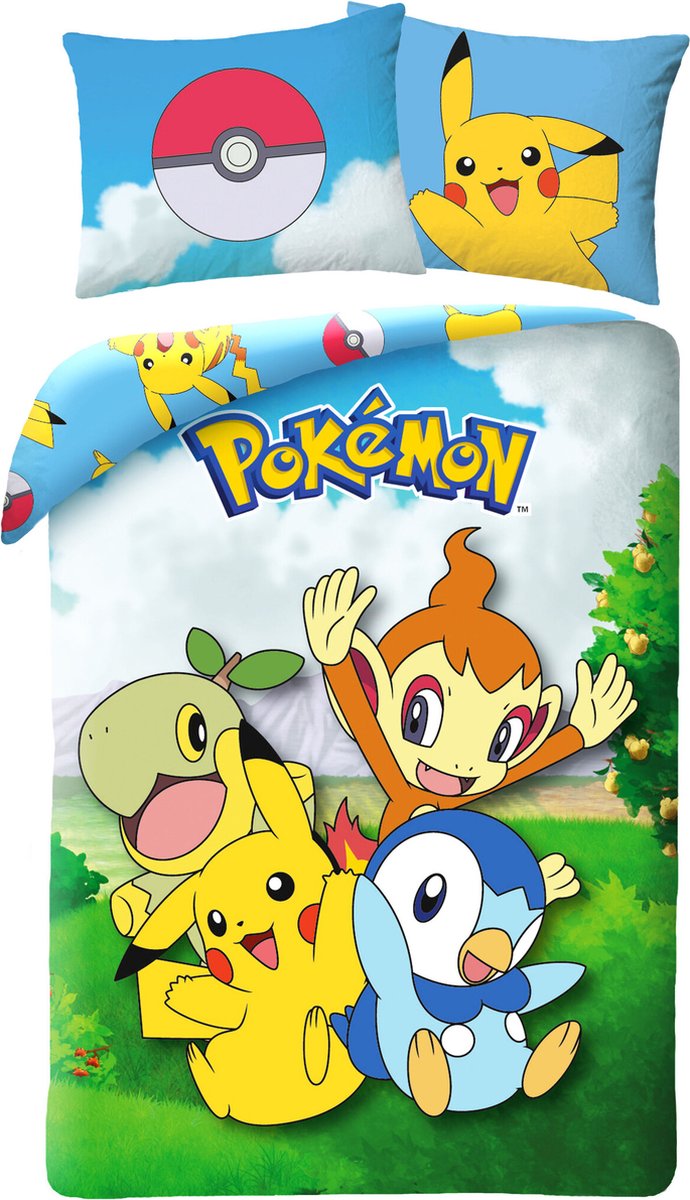 Pokémon Dekbedovertrek Piplup, Turtwig, Chimchar & Pikachu 140 x 200 cm (70 x 90 cm)