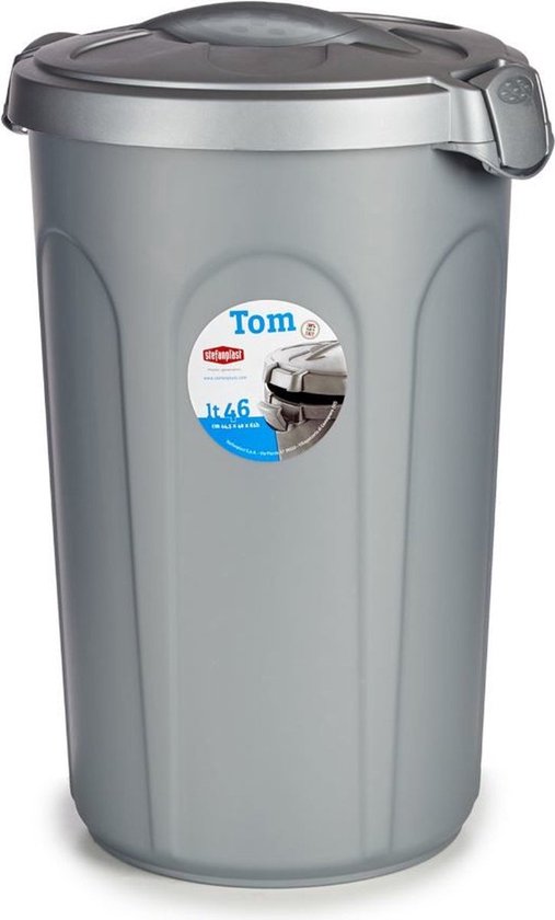 Afvalemmer - "TOM" - Voerton - Prullenbak - Ton met deksel - 46 liter - Zilver - Grijs