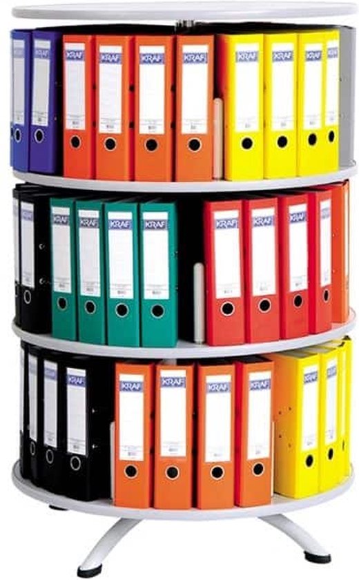 Draaimolen met drie etages, gevuld met mapjes in blauw, zwart, oranje, rood en geel.