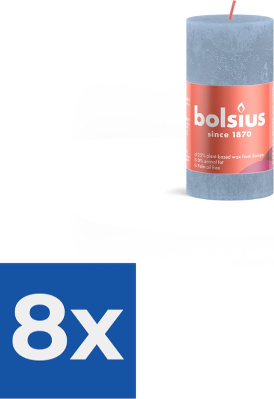 Bolsius - Rustiek stompkaars shine 100 x 50 mm Sky blue kaars - Voordeelverpakking 8 stuks