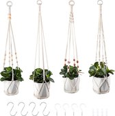 Macramé plantenhangers, set van 4 boho-decoratieve hanglampen voor bloempotten en planten, decoratie van binnen en buiten