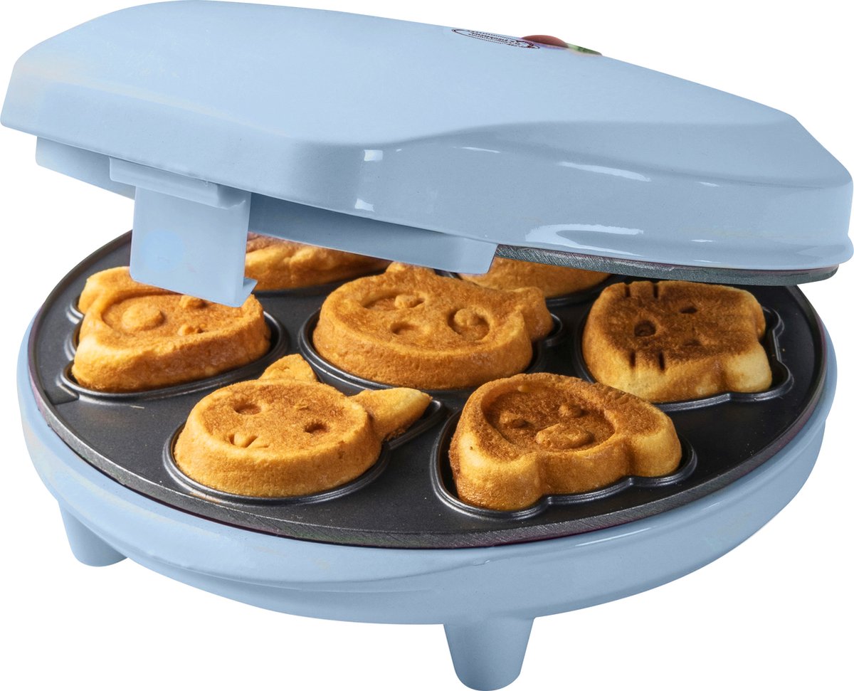 Bestron Wafelijzer voor Mini Cookies Cakemaker voor mini cakes met bakindicatielampje & antiaanbaklaag koekjes in dierenvorm 700 Watt blauw