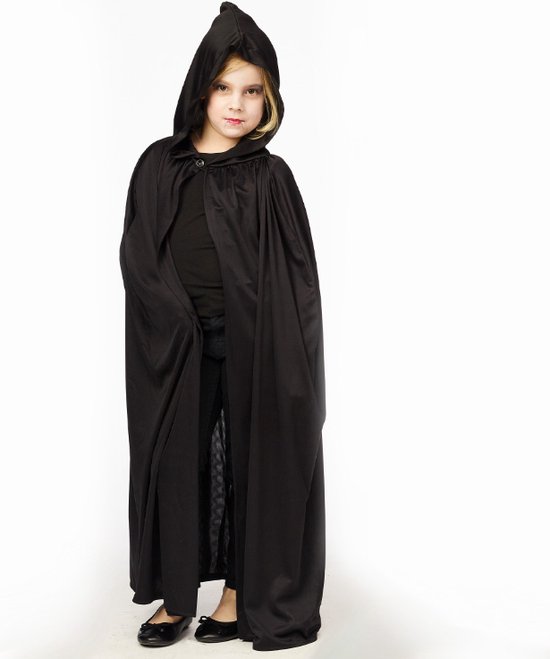 Zwarte cape met kap voor kinderen en jongeren - 10 tot 14 jaar - halloween mantel
