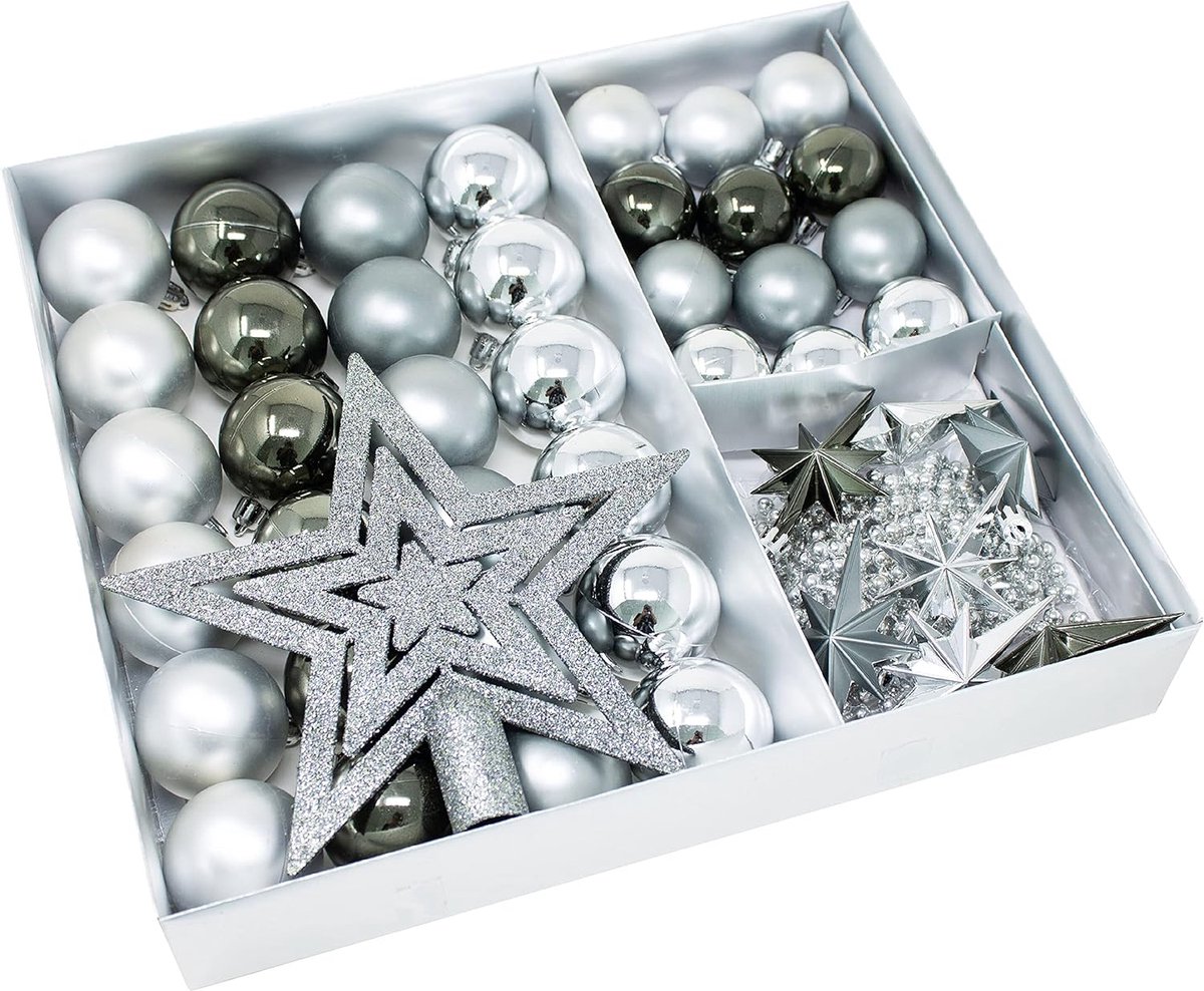 Kerstboomversiering, kerstballen, sterren, parelketting, 45-delige set (grijs-grafiet)