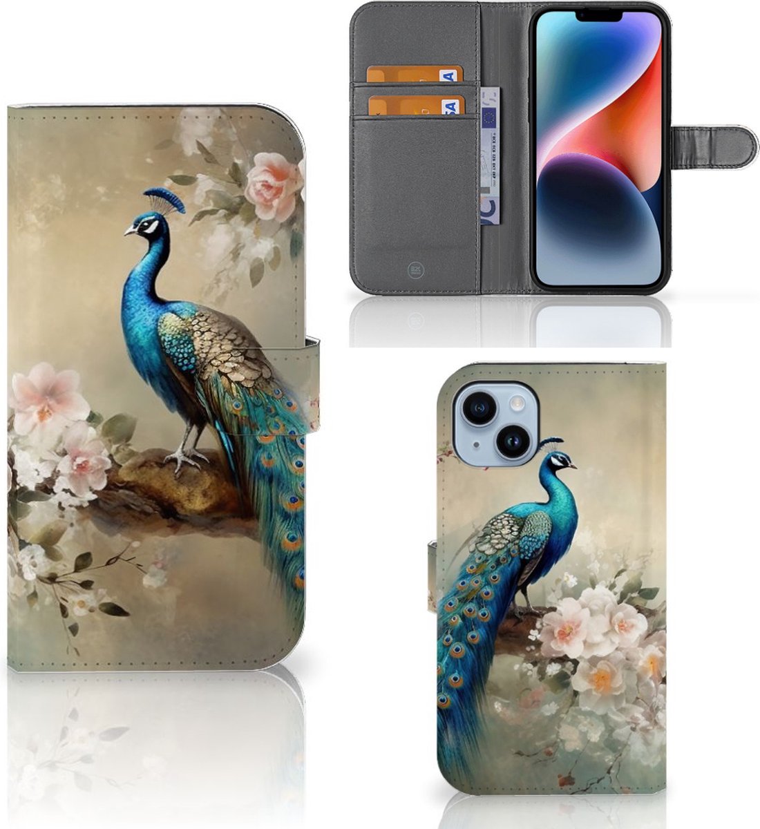 Telefoonhoesje met Pasjes voor iPhone 15 Plus Vintage Pauwen