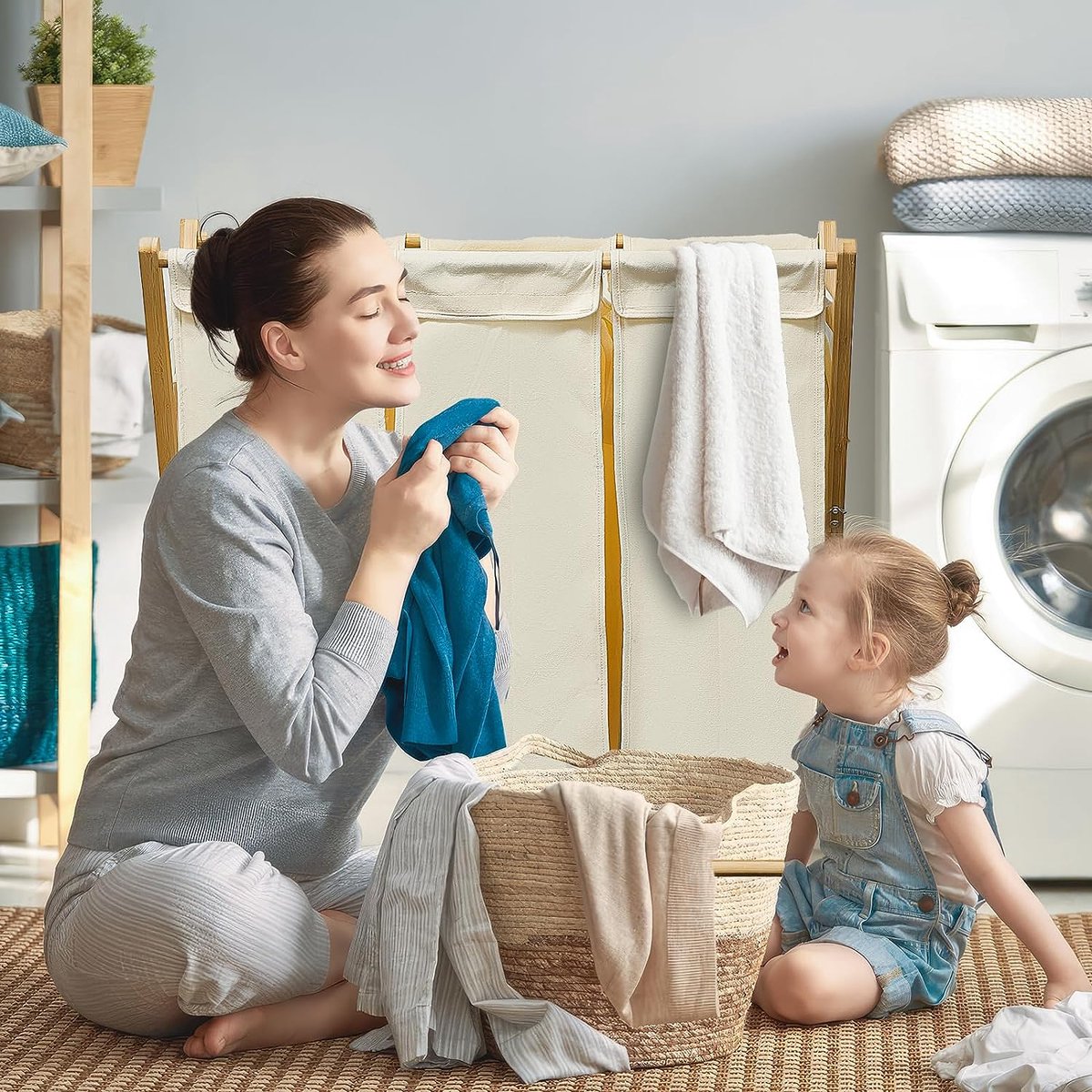 Floordirekt wasmand van bamboe, wasverzamelaar met 2 vakken Floordirekt wasmand van bamboe, wasverzamelaar met 2 vakken