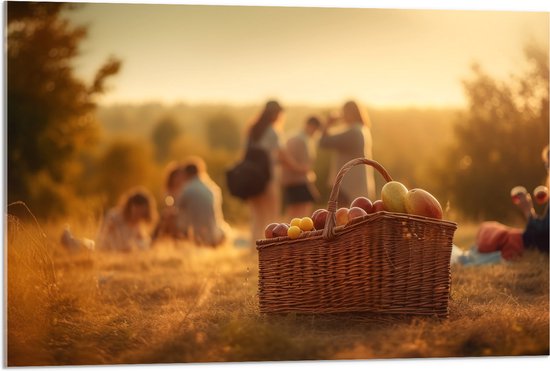 Acrylglas - Picknick - Mand - Eten - Fruit - Mensen - Veldje - 90x60 cm Foto op Acrylglas (Met Ophangsysteem)