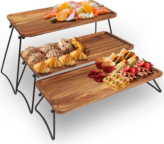 3 Layer Dessert Display Stand, Cupcake Stand and Towers Serving Tray Set, Portable Folding Food Display Stand, Layered Cheeses Charcuterie Plates, Acacia Wood Trays, for Outdoor, Party, Picnic, Dinner