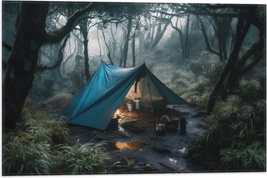 Vlag - Tent - Kamperen - Bos - Planten - Kampvuur - Nat - 60x40 cm Foto op Polyester Vlag