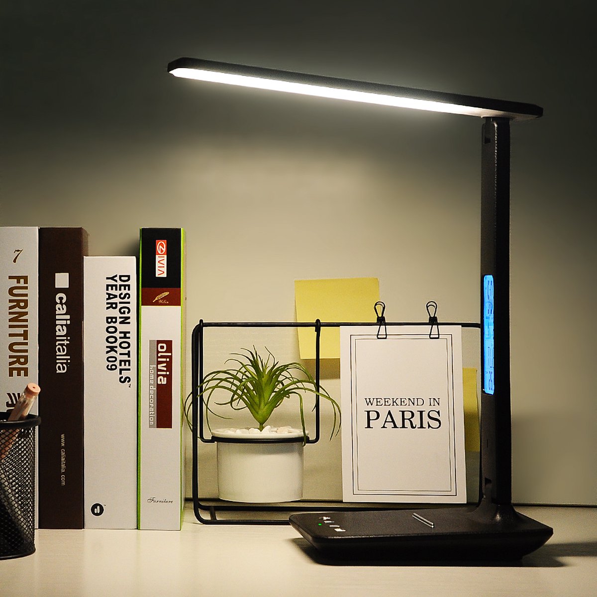 LED Bureaulamp Zwart - Dimbaar -Display - Opvouwbaar - Tafellamp - Smart Touch - bureaulamp, dimbaar, met 5 helderheden, 3 kleuren, 30/60 min, automatische timer Draadloos Opladen -USB-aansluiting, touch-bediening