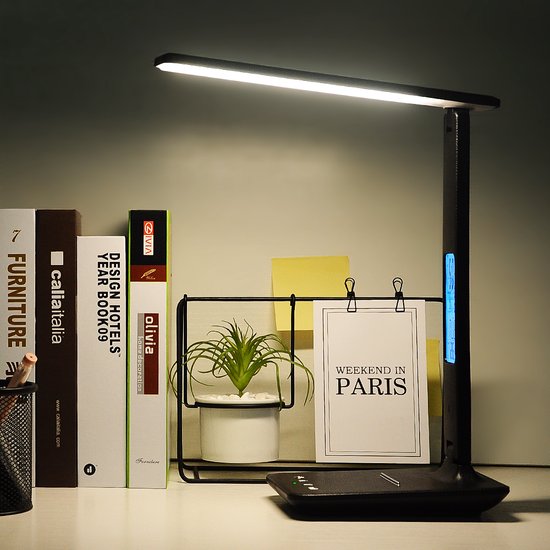 Lampe de bureau LED Zwart - Intensité variable - Écran - Pliable - Lampe de table - Smart Touch - lampe de bureau, dimmable, avec 5 luminosités, 3 couleurs, 30/60 min, minuterie automatique Chargement sans fil - Connexion USB, commande tactile