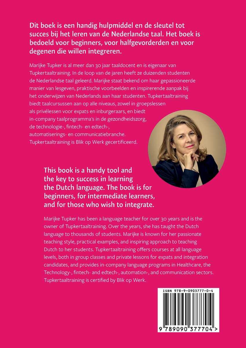 Portret van Marijke Tupker, eigenaresse van Tupkerttaaltraining, met haar tekst in het Nederlands en Engels.