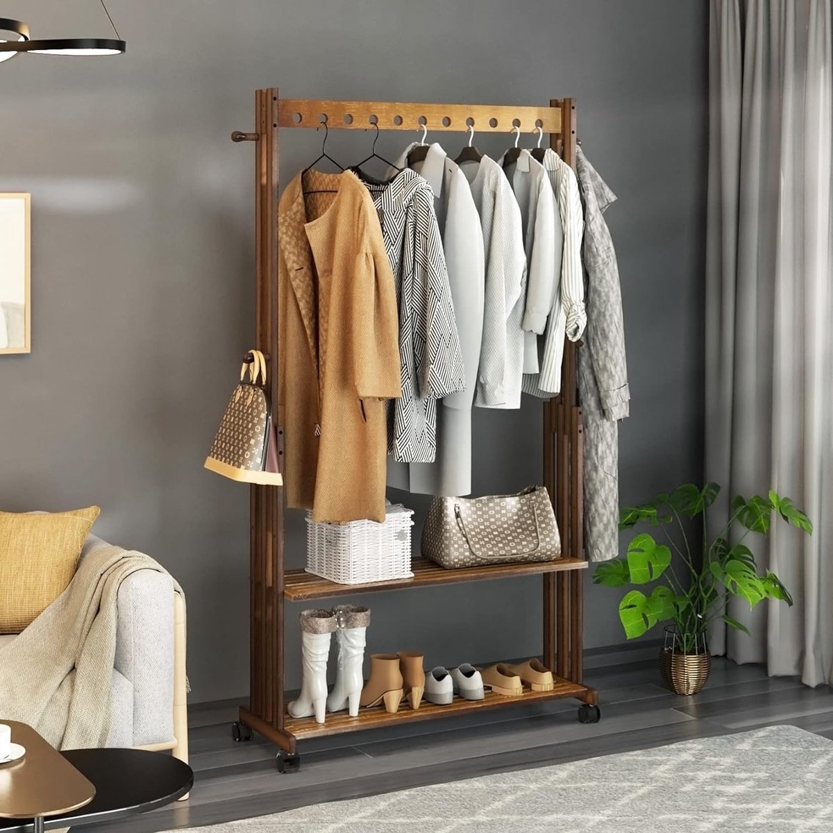 HOMCOM Kapstok, kledingrek van massief hout, 6 haken, garderobe in Scandinavische stijl, jasstandaard voor kleding, hoed, tas, voor hal, woonkamer, natuur