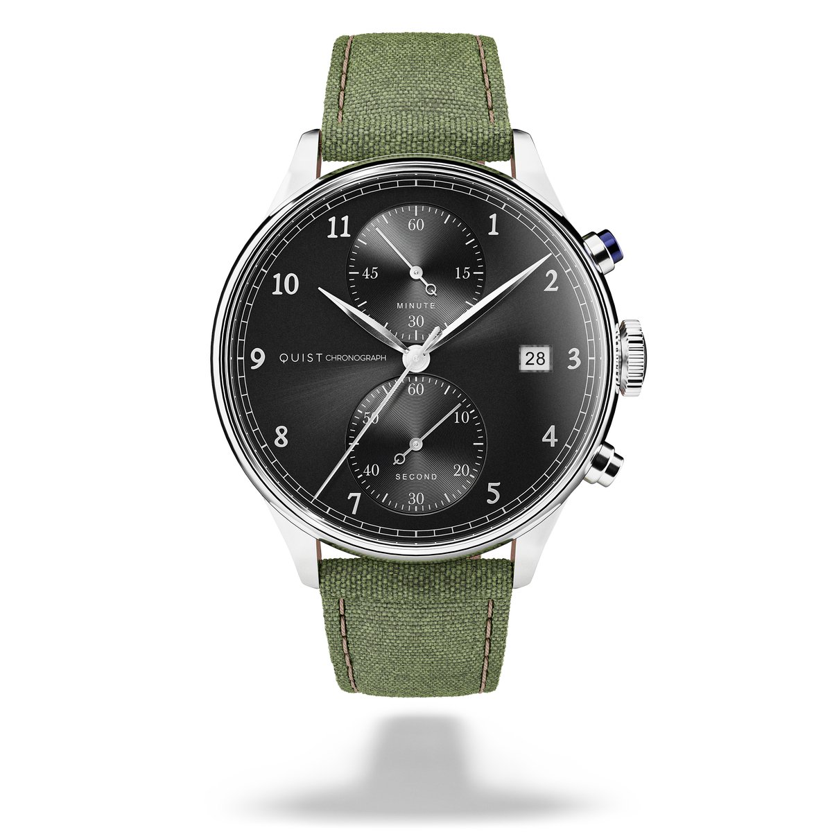 QUIST - Chronograph herenhorloge - zilver - zwarte wijzerplaat - groene cordura horlogeband - 41mm