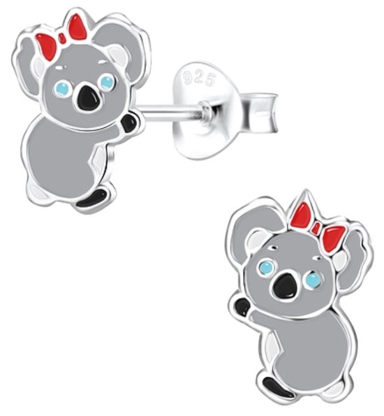 Joy|S - Zilveren koala oorbellen - 7 x 10 mm - rode strik