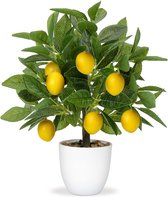 Kunstmatige plantendecoratie citroenboom, 40 cm plastic plant in pot, wit, kunstplanten zoals echte, kamerplanten kunstmatig met citroentak en citroenfruit voor woondecoratie woonkamer keuken