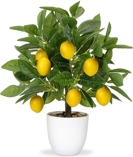 Kunstmatige plantendecoratie citroenboom, 40 cm plastic plant in pot, wit, kunstplanten zoals echte, kamerplanten kunstmatig met citroentak en citroenfruit voor woondecoratie woonkamer keuken