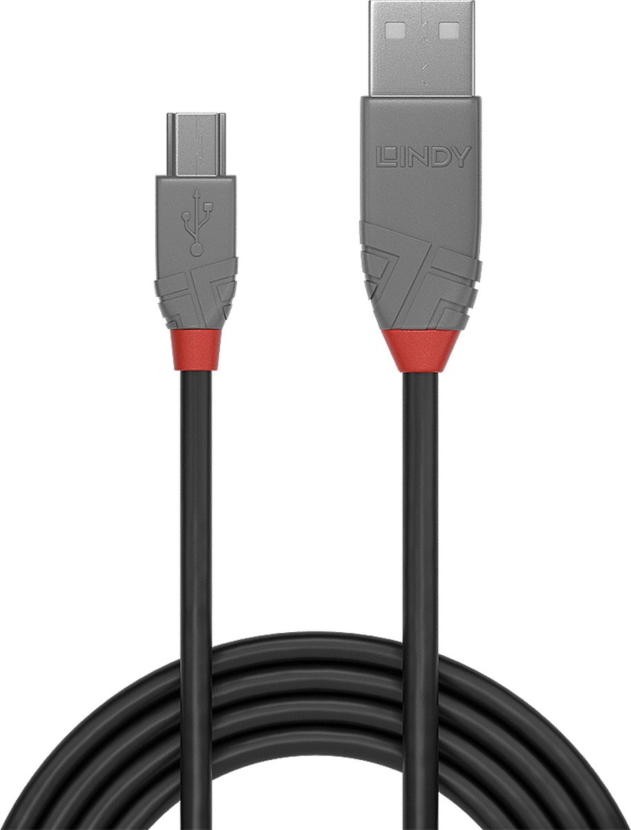 Lindy 36722 1m USB A Mini-USB B Mannelijk Mannelijk Zwart, Grijs USB-kabel
