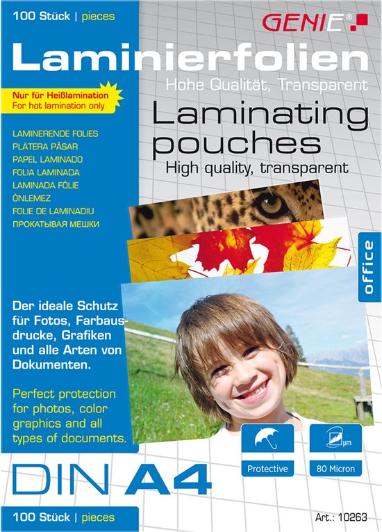 Genie A4 lamineerhoezen, 100 stuks, voor warm lamineren, met afbeeldingen van een luipaard, herfstbladeren en een kind.