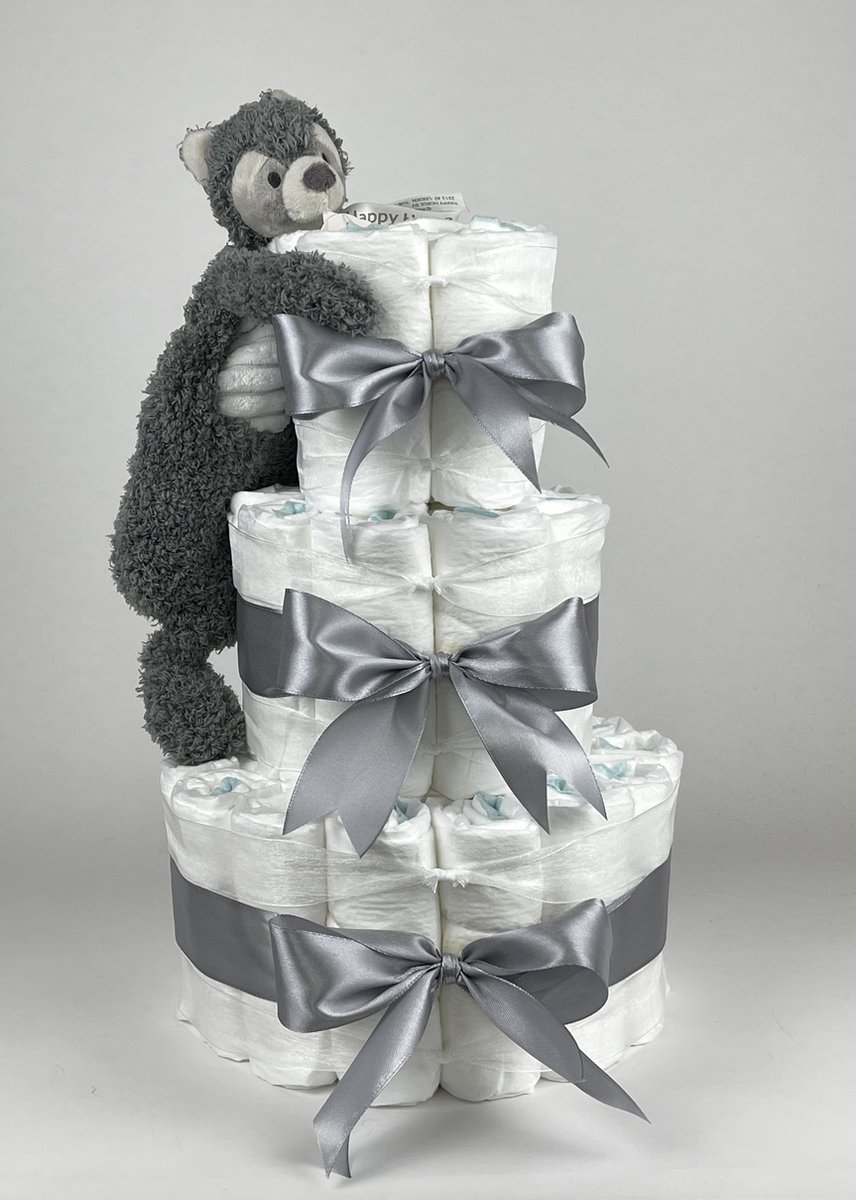 Goedkoopste Chouette-Chouette | Luiertaart Neutraal | Kraamcadeau | Geboorte Jongen Meisje | Babyshower | Tuttle Happy Raccoon Grijs