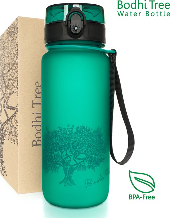 Bouteille d'eau Bodhi Tree - fermeture hygiénique ouvrable d'une seule main - Matériau Tritan sans BPA - avec filtre à fruits - bouteille pour le yoga et le sport - vert - 650 ml