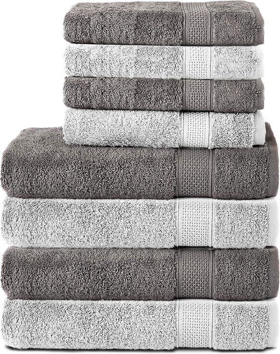 Komfortec Handdoekenset – Set van 8 - 4x Handdoek 50x100 cm en 4x Badhanddoek 70x140 cm - 100% Katoen - Antraciet&Wit