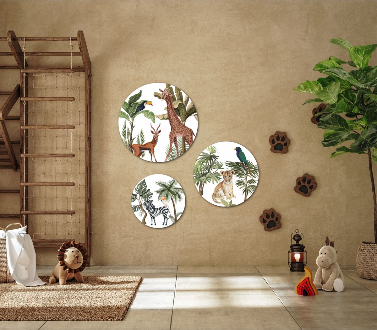 Muurcirkel / Wandcirkel dieren jungle thema groot - set van 3 muurcirkels + ophangsysteem - Decoratie kinderkamer / babykamer jongens & meisjes