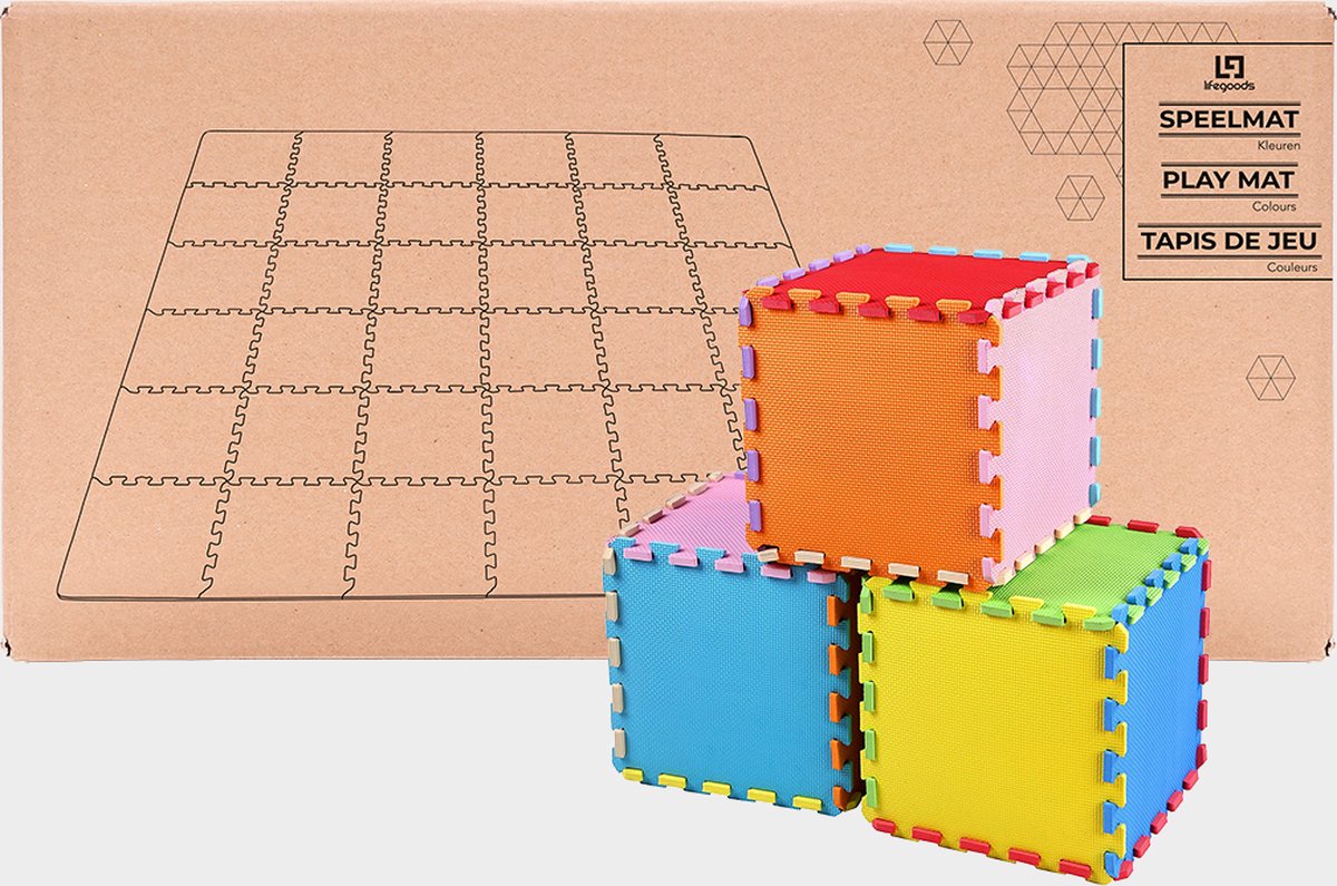 LifeGoods Multicolor Speelmat XL - 36-delig Puzzel van Schuim Vloer Tegels in 9 Kleuren - 180x180 cm - Zacht en Dik EVA Foam - Antislip en Waterafstotend - Educatief Speel Kleed voor Baby/Peuters/Kinderen vanaf 0 jaar - Jongens en Meisjes — afbeelding 4