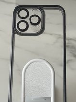 Hoogwaardige Siliconen Backcover met ingebouwd Glas voor Cameralens bescherming hoesje - Geschikt voor Apple iPhone 14 Pro - Zwart/Transparant