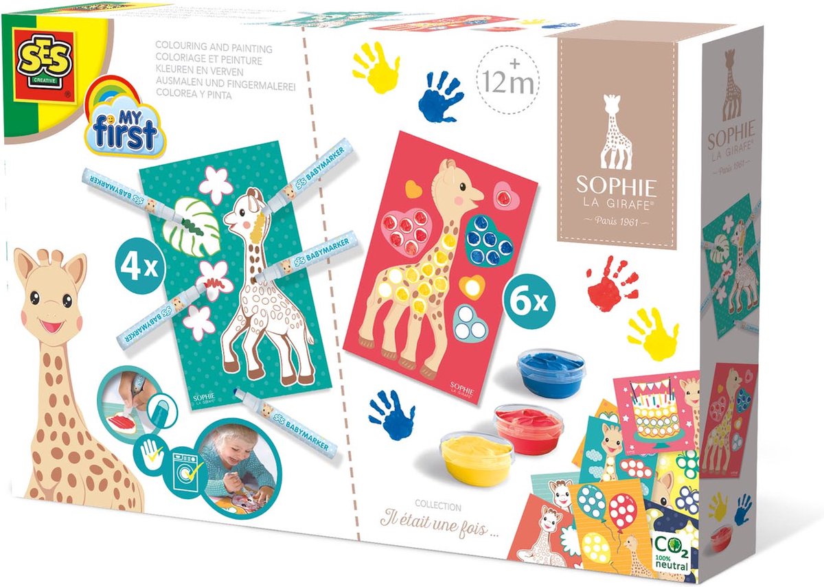 SES Creative - Sophie la Girafe - 2-in-1 - Kleuren en verven - 3 kleuren vingerverf - 5 babymarker stiften - met 10 knutselkaarten - makkelijk uitwasbaar