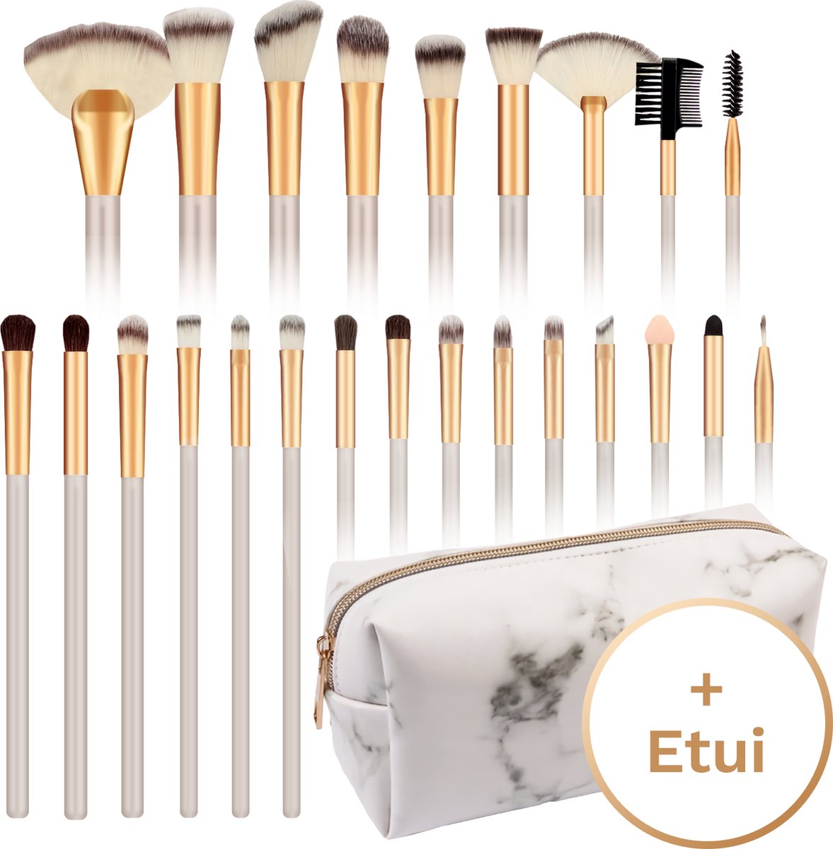 Make up kwasten set – Beige / goud – 24 delig – in etui Marble - Evvie