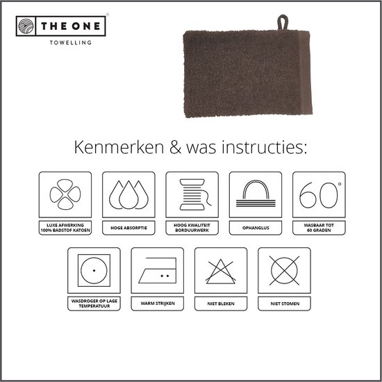 Pictogrammen die de kenmerken van de handdoek tonen: 100% badstof katoen, hoge absorptie, hoge kwaliteit borduurwerk, 60 graden wasbaar.