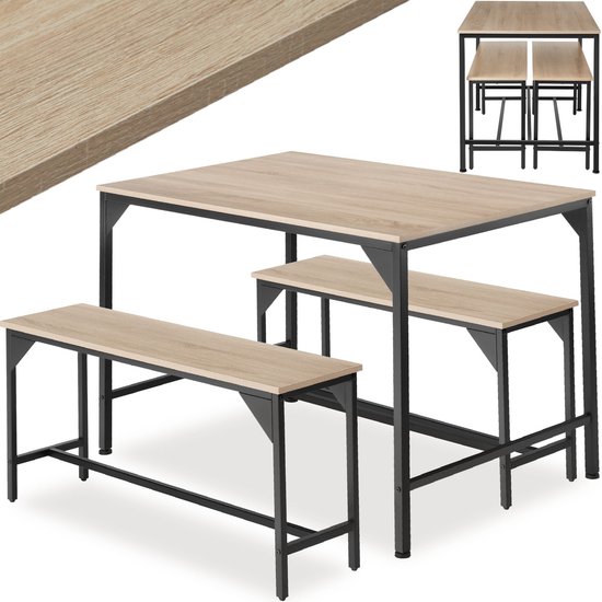 tectake – Bolton robuuste zitgroep – tafel met banken - eettafel met banken - industrieel - lichte houtkleur/eiken sanoma - 404341