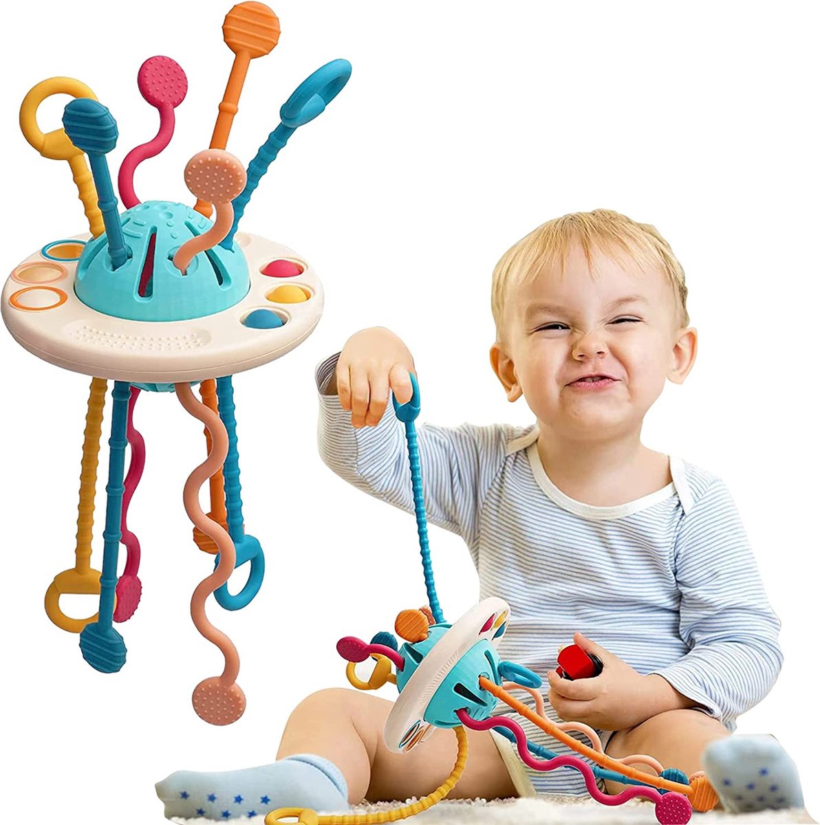 Kinderspeelgoed 1 jaar - Montessorisch Speelgoed - UFO siliconen trekspeeltje voor baby's - Educatief speelgoed - Montessori speelgoed - Sensorisch speelgoed- Sileconen - 0- 24 Maanden - CE Markering - Ontwikkeling - Baby - Fijne moteriek - Merkloos