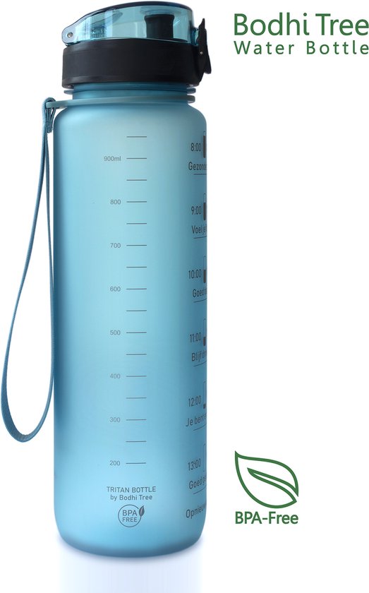 Bodhi Tree® Gourde motivation 1l - Gourdes de motivation pour adultes - Bouteille d'eau avec marqueurs de temps Néerlandais - Étanche - Anti Fuite - Sans BPA - Filtre à fruits - Water Bottle 1 litre - Bleu