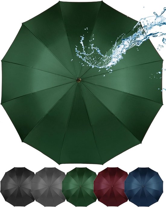 Automatische paraplu , windbestendige paraplu met houten steel , 12-voudige vezelversterkte baleinen , groot en stabiel , bestand tegen wind , 115 cm diameter polyester , olijfgroen