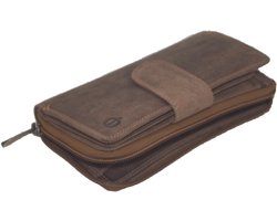 Oi Hunter bruine lederen ritsportemonnee voor dames large / damesportemonnee met rits en 3 vakjes voor kleingeld / afsluitbare beurs met groot muntvak / grote portemonnee voor veel pasjes / anti skim / bruin leer / 312H