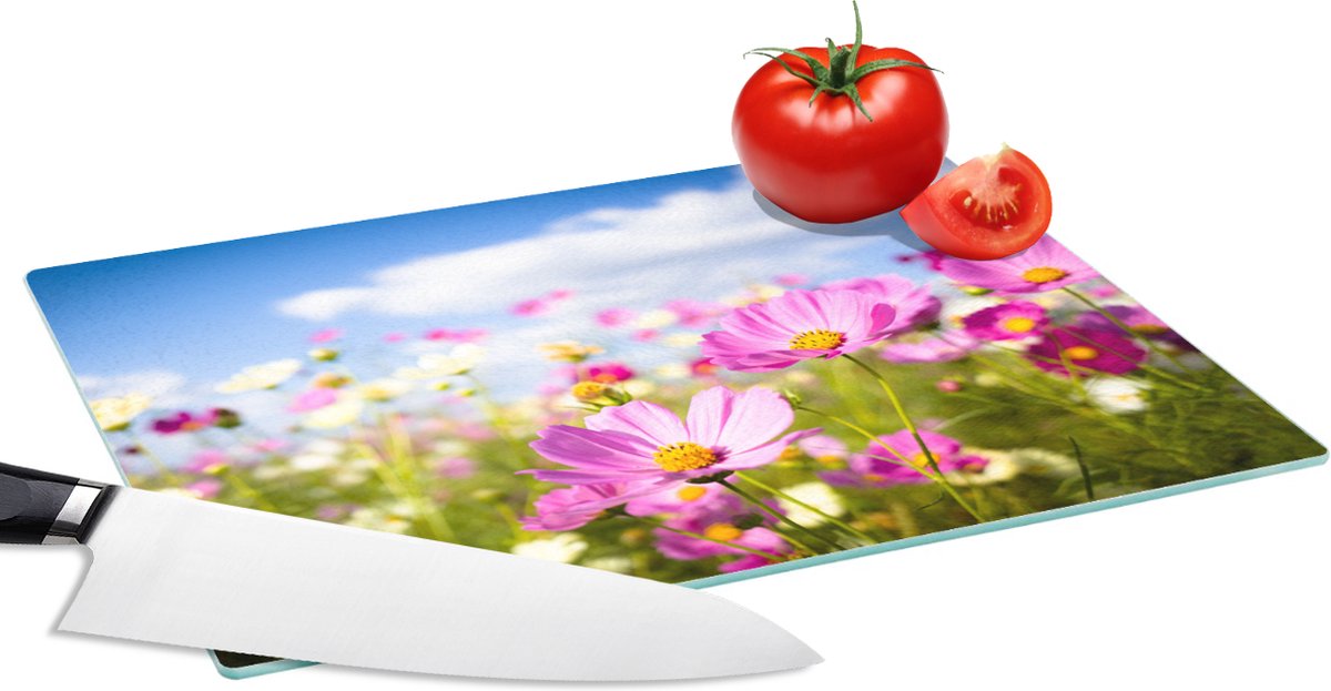 Glazen Snijplank - 28x20 - Bloemen - Wei - Paars - Gras - Wit - Wolken - Blauw - Snijplanken Glas