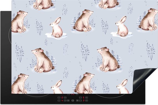 KitchenYeah® Inductie beschermer 81x52 cm - Winter - Patronen - Konijn - Beer - Kookplaataccessoires - Afdekplaat voor kookplaat - Inductiebeschermer - Inductiemat - Inductieplaat mat