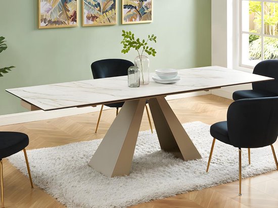 Table à manger extensible 6 à 10 places en céramique et métal - Effet marbre Wit et beige - LOZIPA L 240 cm x H 76 cm x P 90 cm
