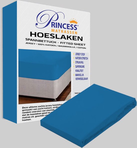 Het Ultieme Zachte Hoeslaken- Jersey -Stretch -100% Katoen-Lits-Jumeaux- 200x220+40cm- Blauw - Voor Boxspring-Waterbed