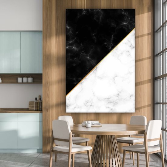 Canvas schilderij 120x180 cm - Wanddecoratie Marmer - Wit - Zwart - Goud - Muurdecoratie woonkamer - Slaapkamer decoratie - Kamer accessoires - Schilderijen op canvas